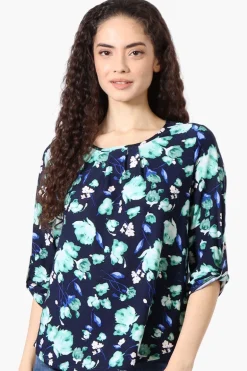 Beechers Brook Floral Roll Up Sleeve Blouse - Navy