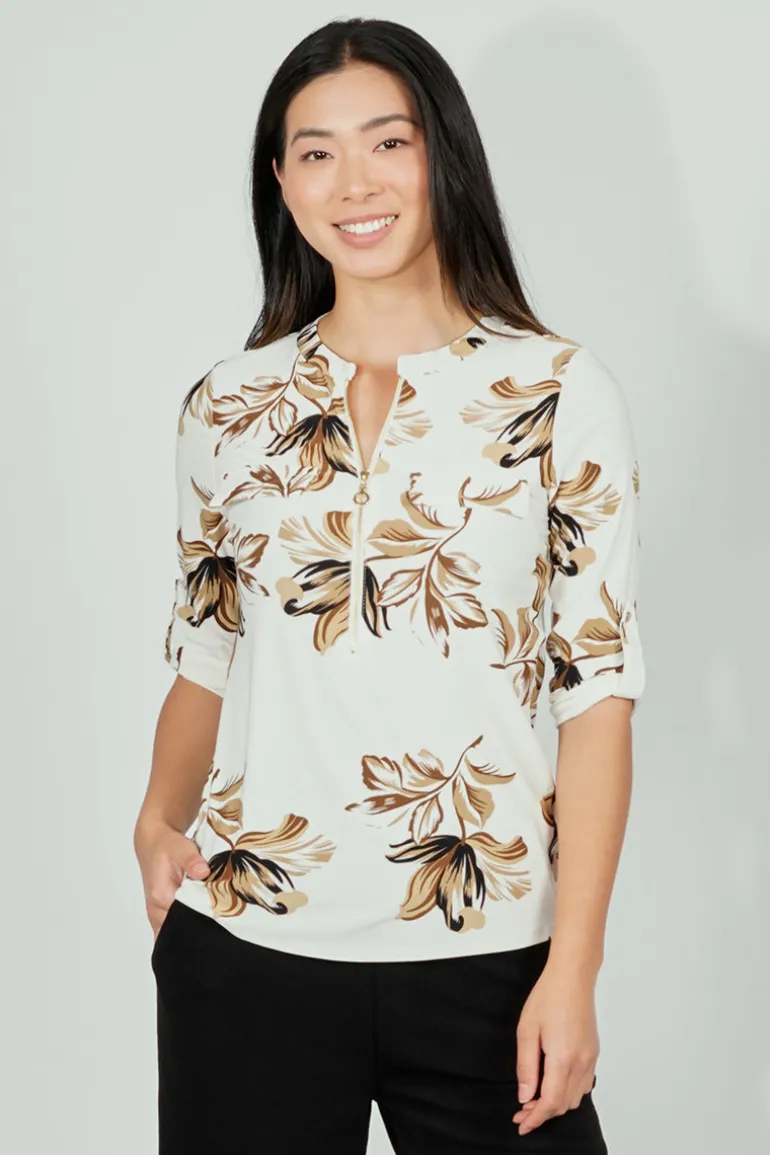Beechers Brook Floral Roll Up Sleeve Half Zip Blouse - Cream