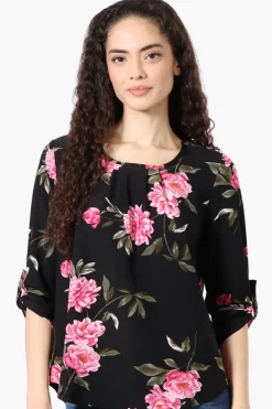 Beechers Brook Floral Roll Up Sleeve Blouse - Black