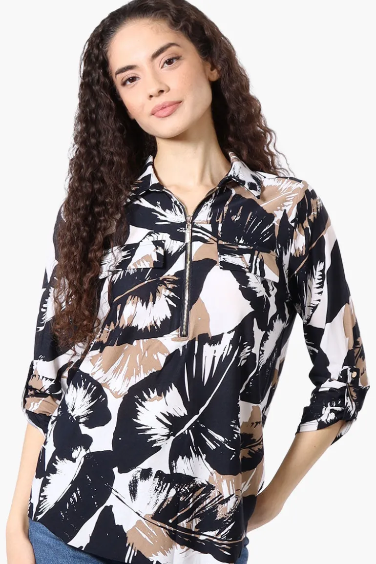 Beechers Brook Floral Roll Up Sleeve Half Zip Blouse - White