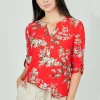 Beechers Brook Floral Roll Up Sleeve Henley Blouse - Red