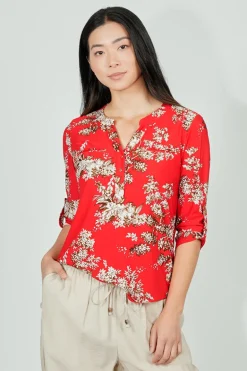 Beechers Brook Floral Roll Up Sleeve Henley Blouse - Red