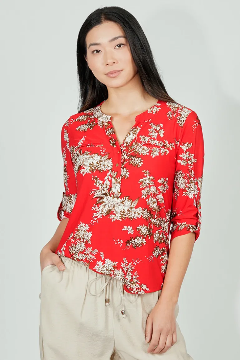 Beechers Brook Floral Roll Up Sleeve Henley Blouse - Red