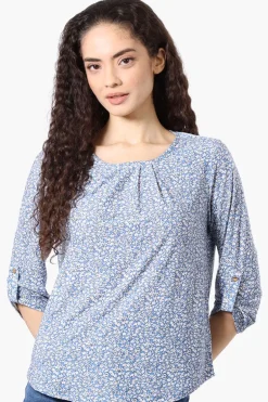 Beechers Brook Floral Roll Up Sleeve Blouse - Blue