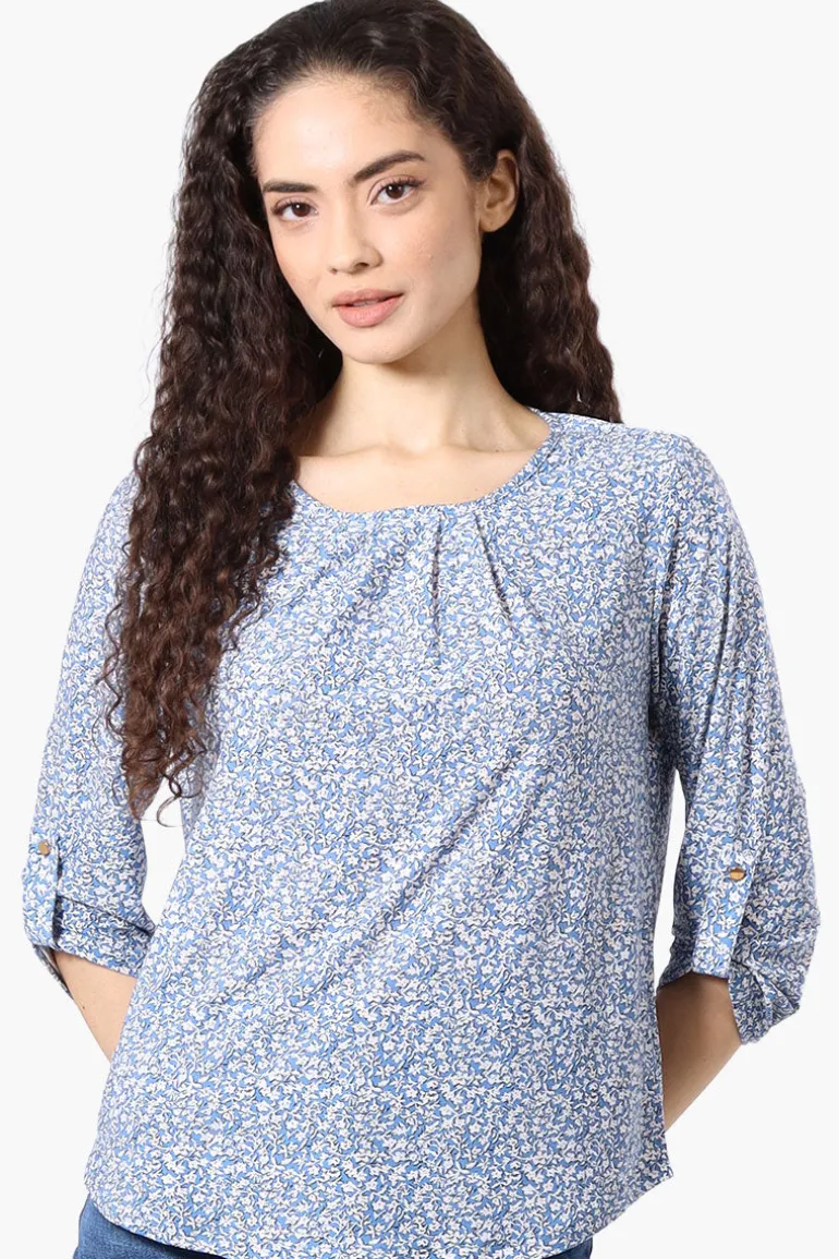 Beechers Brook Floral Roll Up Sleeve Blouse - Blue