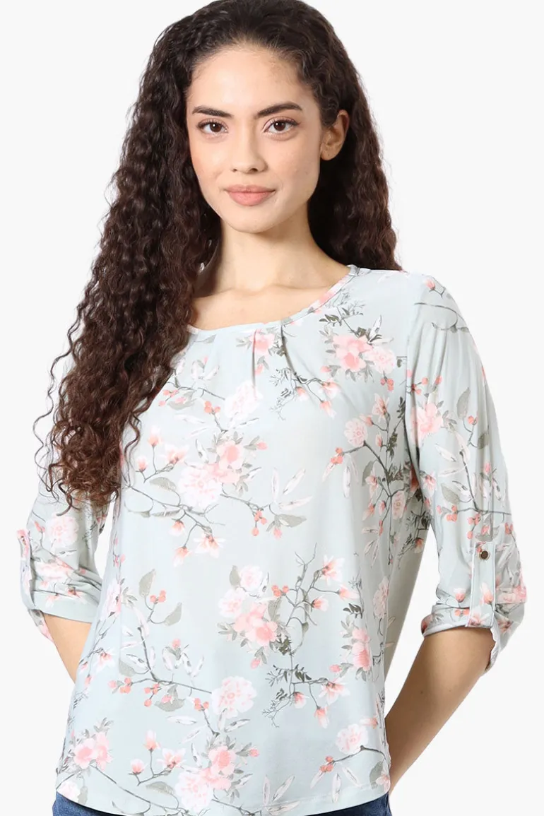 Beechers Brook Floral Roll Up Sleeve Blouse - Mint