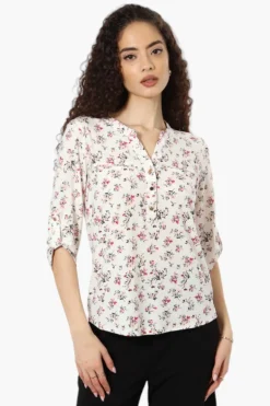 Beechers Brook Floral Roll Up Sleeve Henley Shirt - White