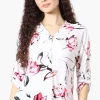 Beechers Brook Floral Roll Up Sleeve Half Zip Blouse - White
