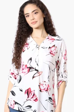 Beechers Brook Floral Roll Up Sleeve Half Zip Blouse - White