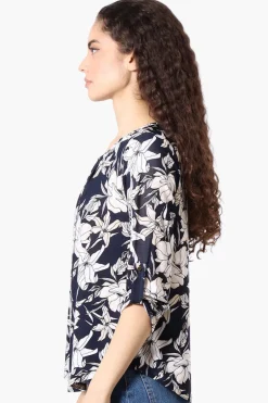 Beechers Brook Floral Roll Up Sleeve Blouse - Navy