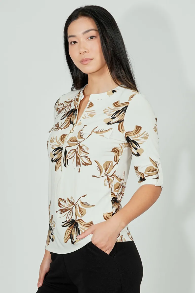 Beechers Brook Floral Roll Up Sleeve Half Zip Blouse - Cream