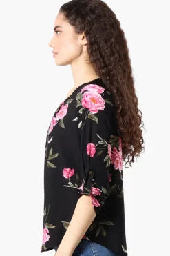 Beechers Brook Floral Roll Up Sleeve Blouse - Black