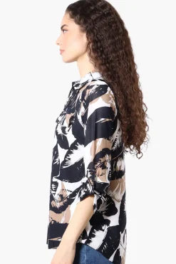 Beechers Brook Floral Roll Up Sleeve Half Zip Blouse - White