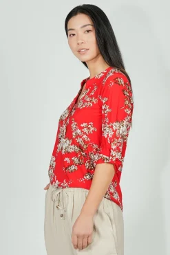 Beechers Brook Floral Roll Up Sleeve Henley Blouse - Red