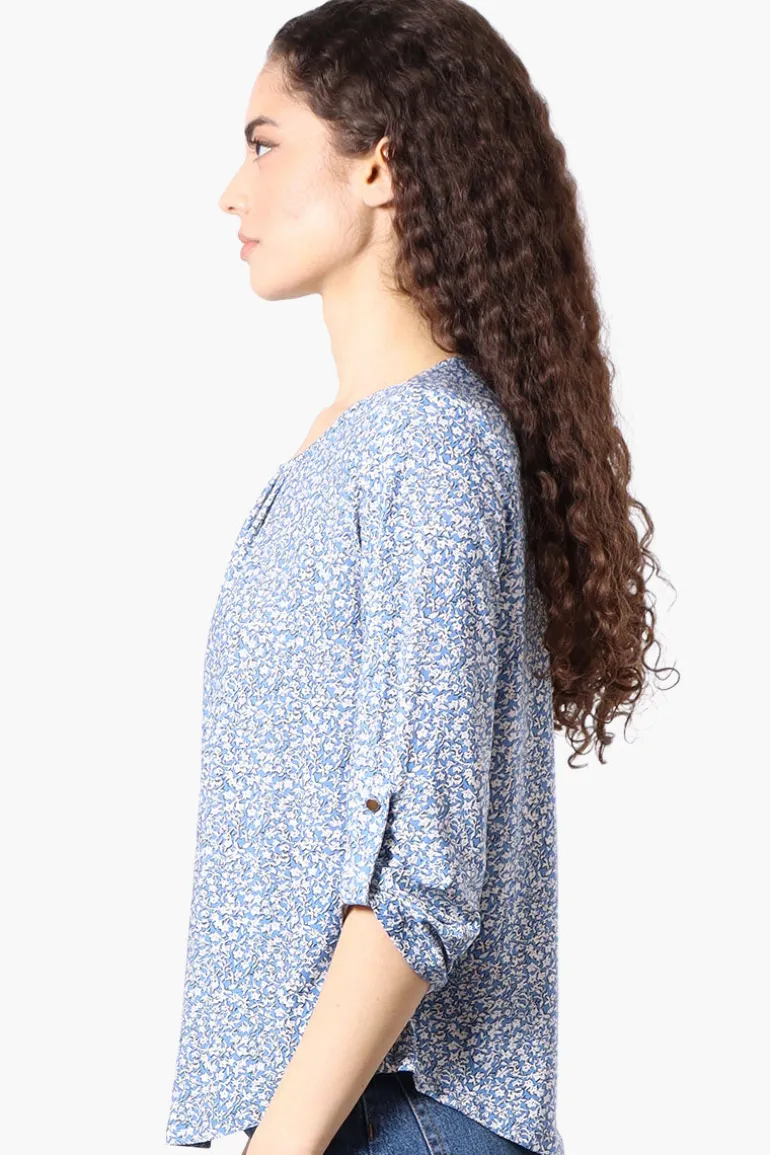 Beechers Brook Floral Roll Up Sleeve Blouse - Blue