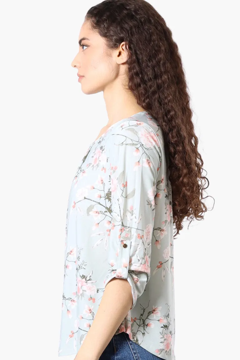Beechers Brook Floral Roll Up Sleeve Blouse - Mint