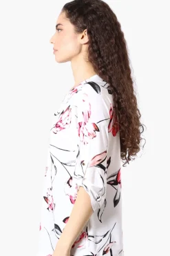 Beechers Brook Floral Roll Up Sleeve Half Zip Blouse - White