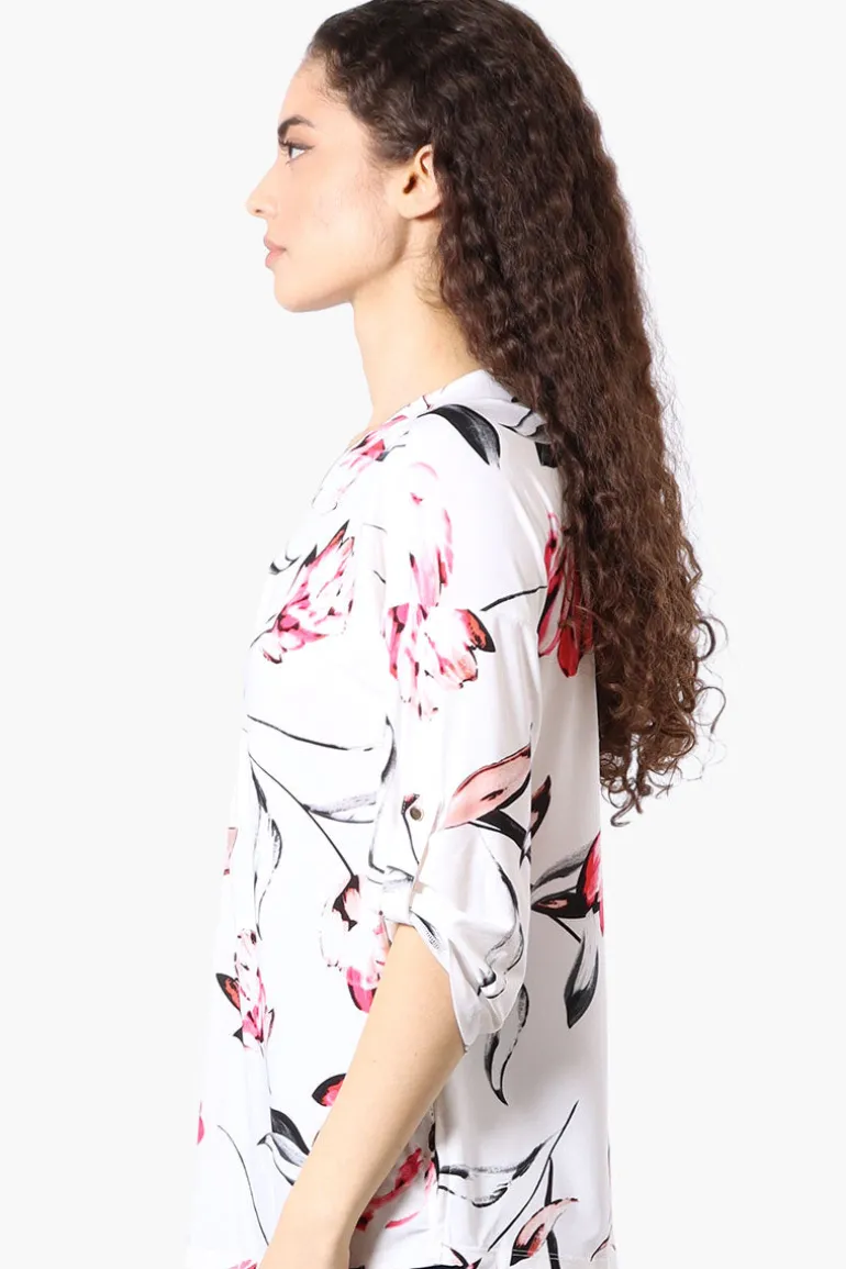 Beechers Brook Floral Roll Up Sleeve Half Zip Blouse - White