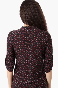 Beechers Brook Floral Roll Up Sleeve Half Zip Shirt - Black