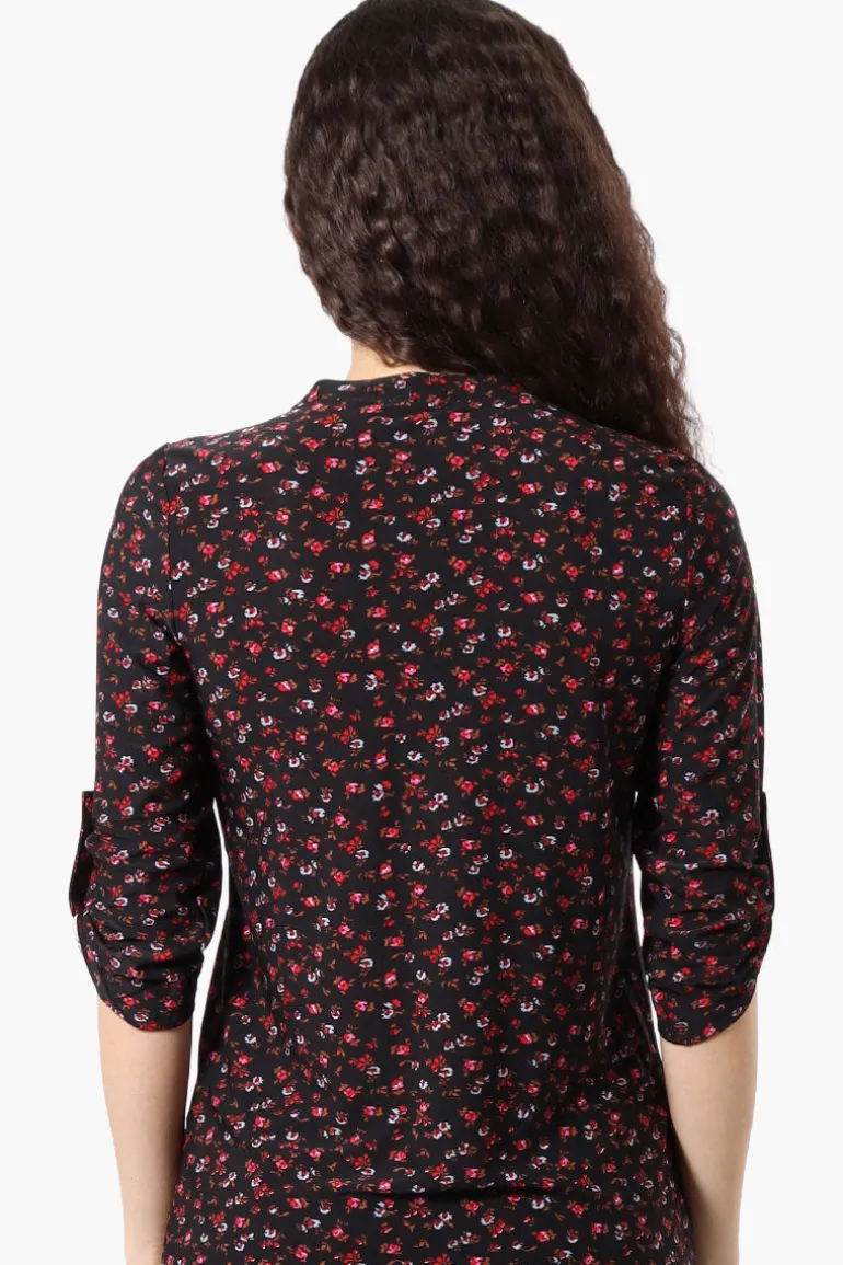Beechers Brook Floral Roll Up Sleeve Half Zip Shirt - Black