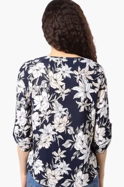Beechers Brook Floral Roll Up Sleeve Blouse - Navy