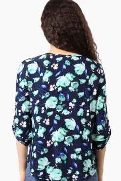 Beechers Brook Floral Roll Up Sleeve Blouse - Navy