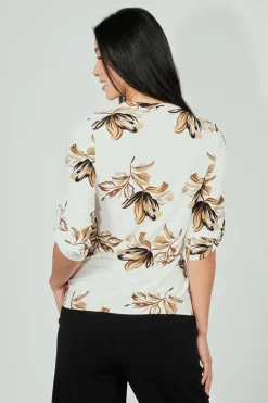 Beechers Brook Floral Roll Up Sleeve Half Zip Blouse - Cream