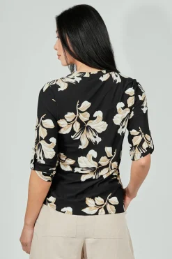 Beechers Brook Floral Roll Up Sleeve Half Zip Blouse - Black