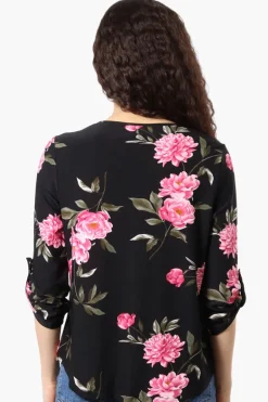 Beechers Brook Floral Roll Up Sleeve Blouse - Black