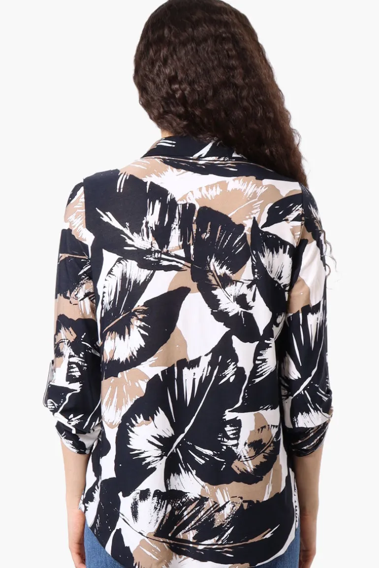 Beechers Brook Floral Roll Up Sleeve Half Zip Blouse - White