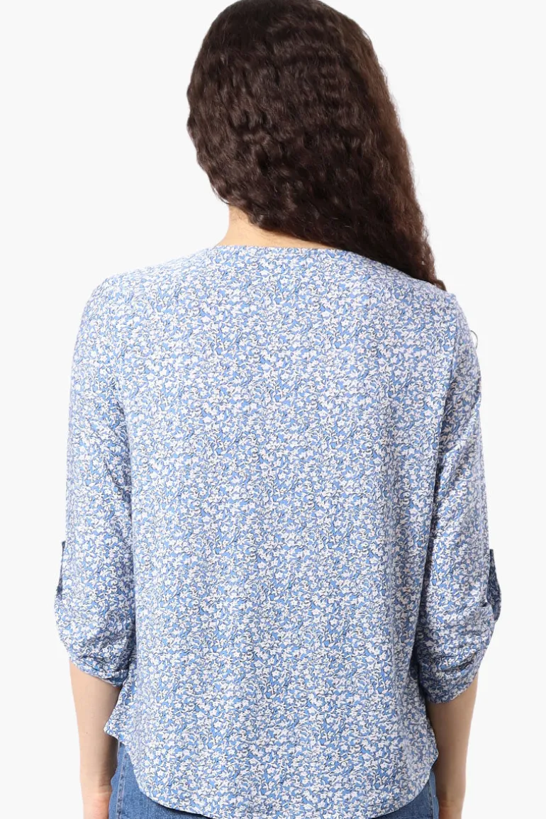 Beechers Brook Floral Roll Up Sleeve Blouse - Blue