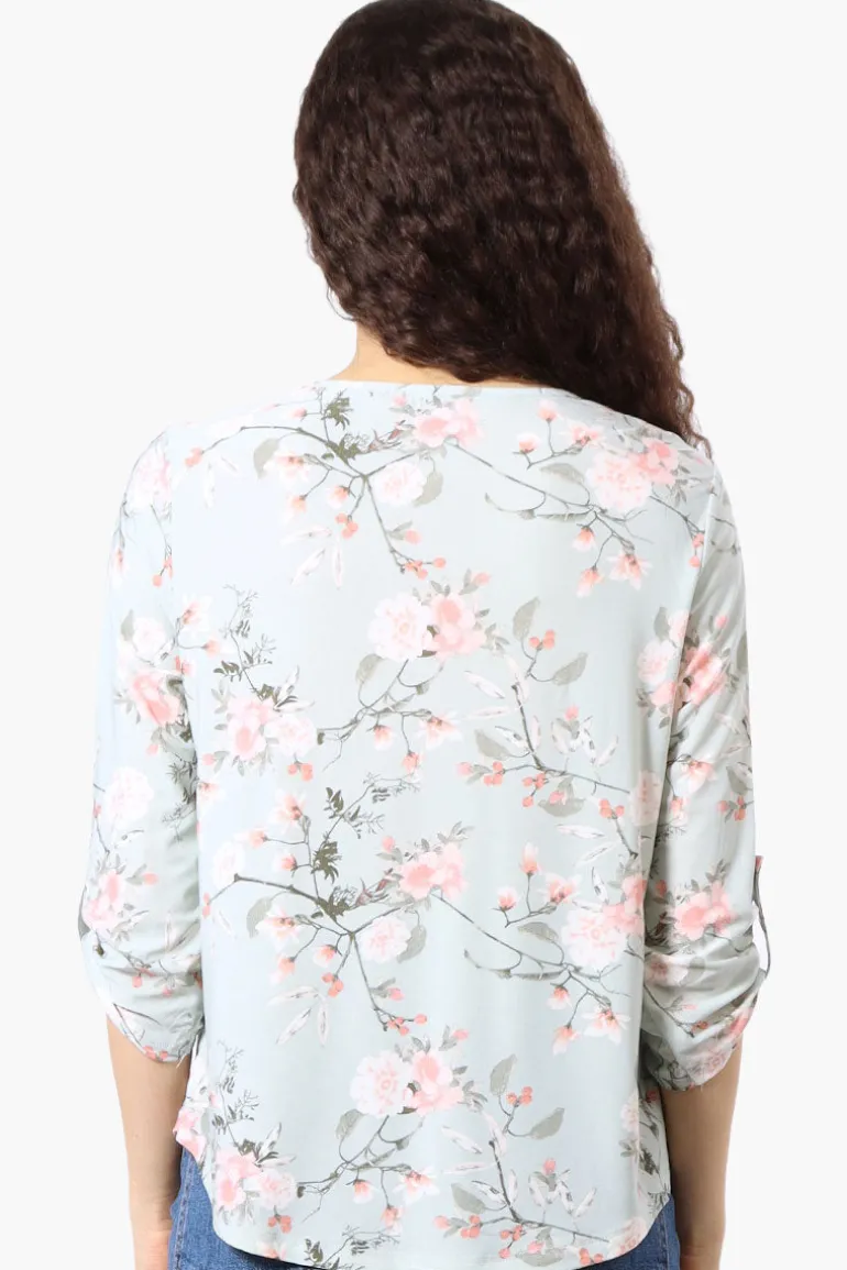 Beechers Brook Floral Roll Up Sleeve Blouse - Mint