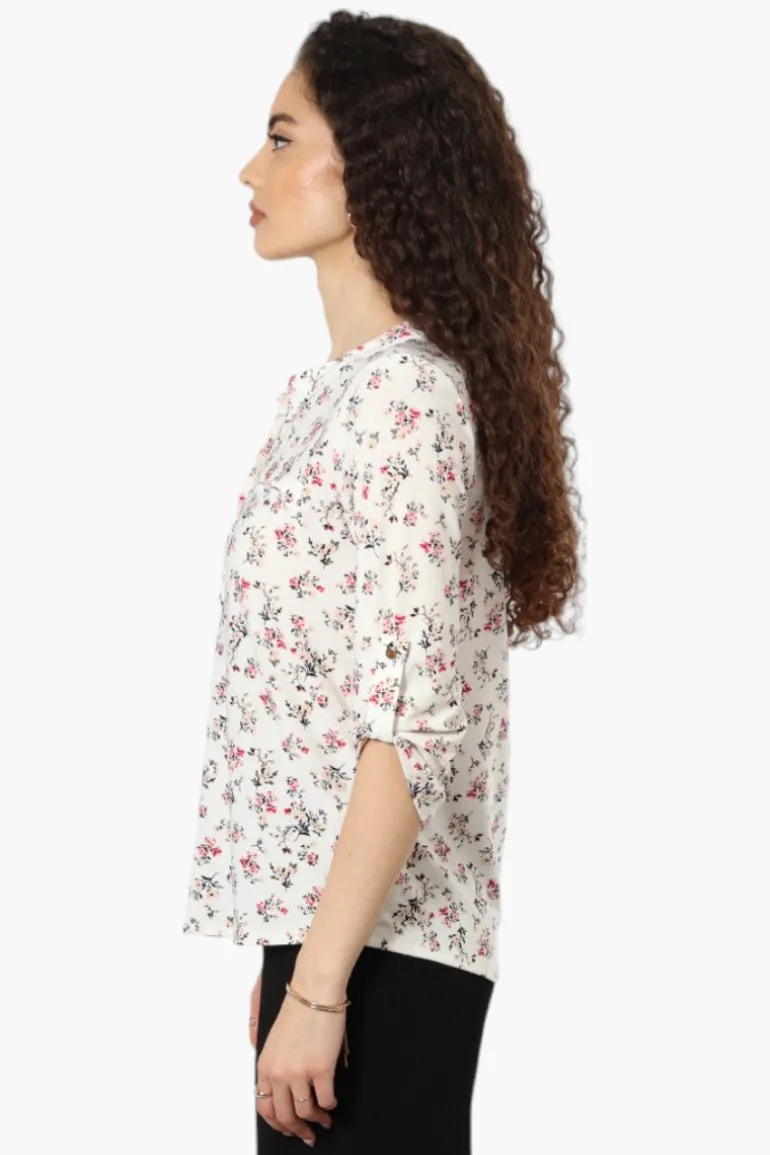 Beechers Brook Floral Roll Up Sleeve Henley Shirt - White