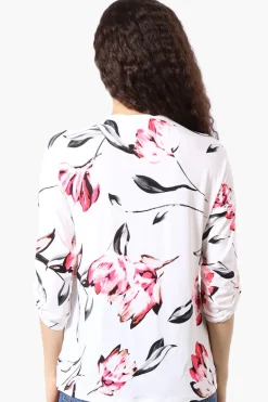 Beechers Brook Floral Roll Up Sleeve Half Zip Blouse - White