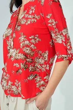 Beechers Brook Floral Roll Up Sleeve Henley Blouse - Red