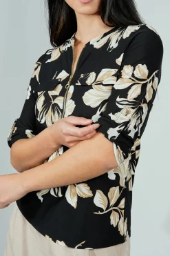 Beechers Brook Floral Roll Up Sleeve Half Zip Blouse - Black