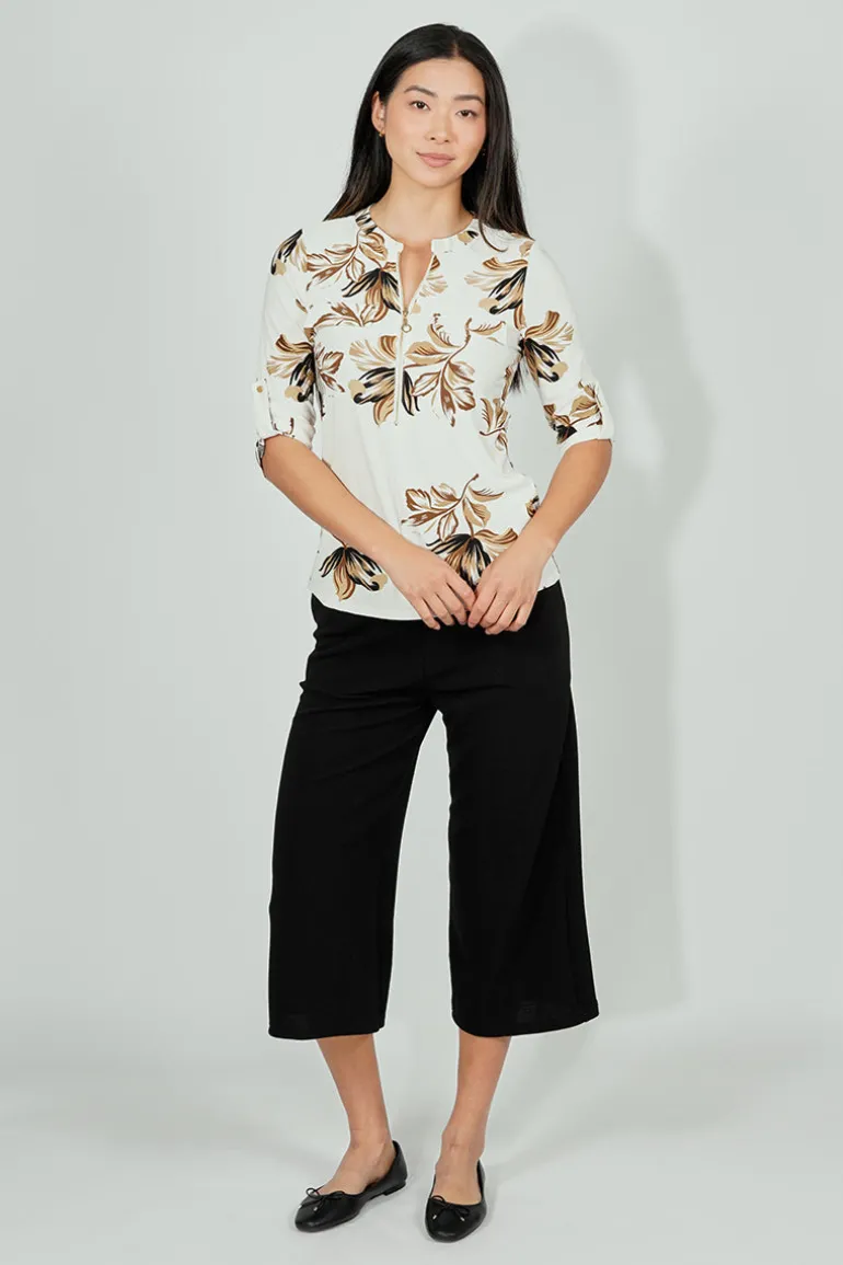 Beechers Brook Floral Roll Up Sleeve Half Zip Blouse - Cream