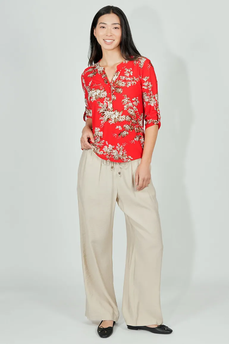Beechers Brook Floral Roll Up Sleeve Henley Blouse - Red