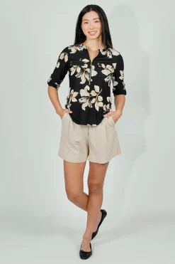 Beechers Brook Floral Roll Up Sleeve Half Zip Blouse - Black