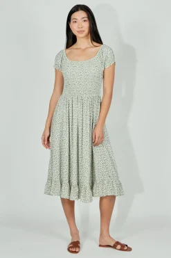 Beechers Brook Floral Short Sleeve Tiered Midi Dress - Olive