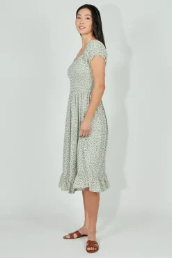 Beechers Brook Floral Short Sleeve Tiered Midi Dress - Olive
