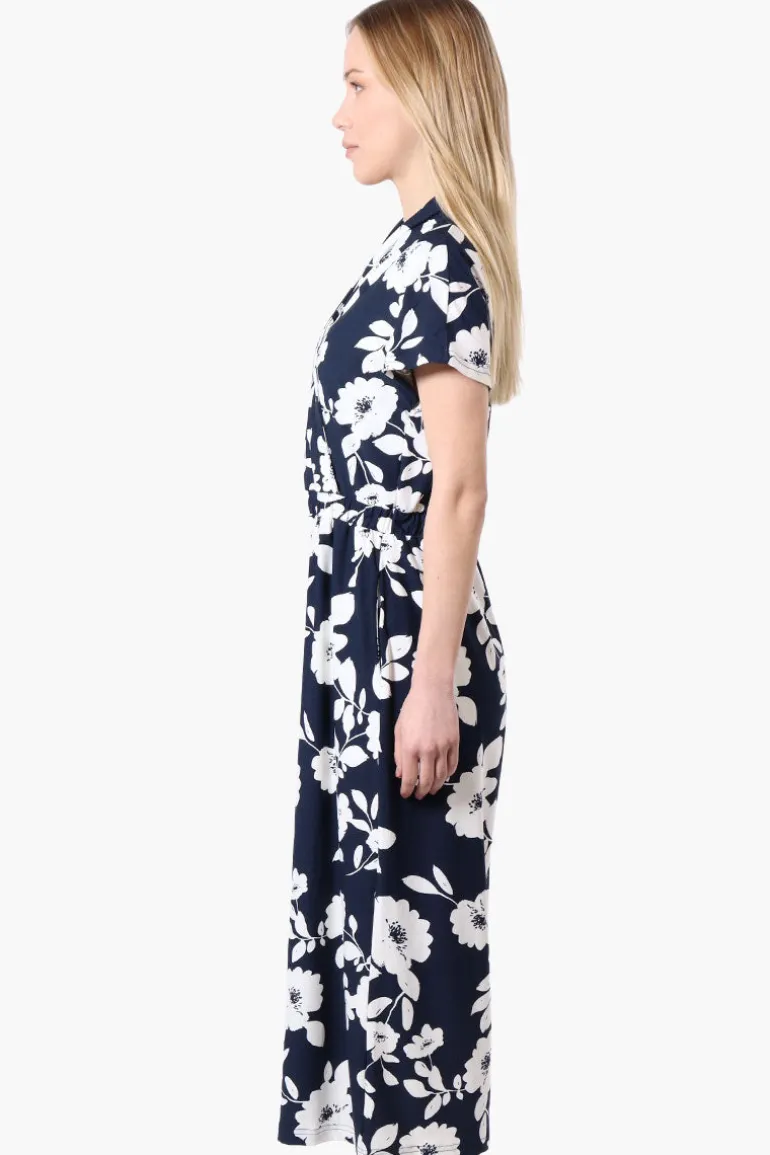 Beechers Brook Floral Short Sleeve Crossover Jumpsuit - Navy