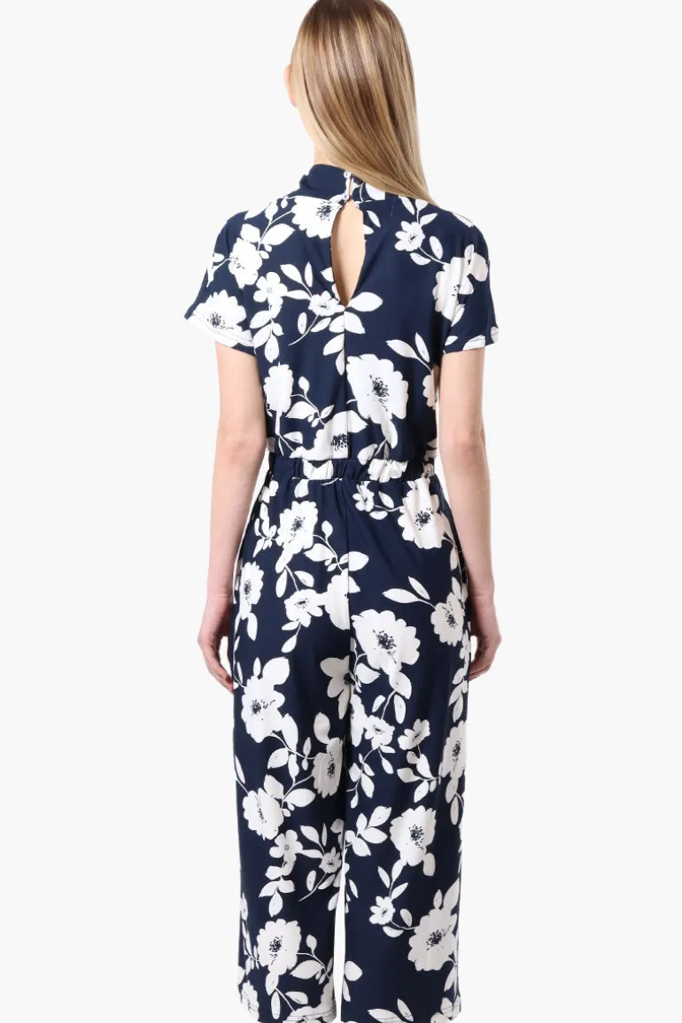 Beechers Brook Floral Short Sleeve Crossover Jumpsuit - Navy