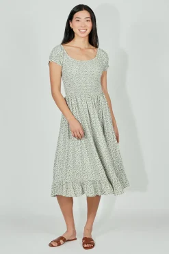 Beechers Brook Floral Short Sleeve Tiered Midi Dress - Olive