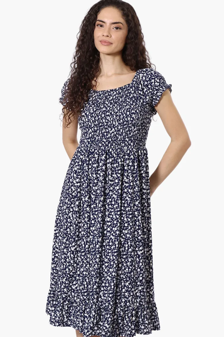 Beechers Brook Floral Smocked Tiered Day Dress - Navy