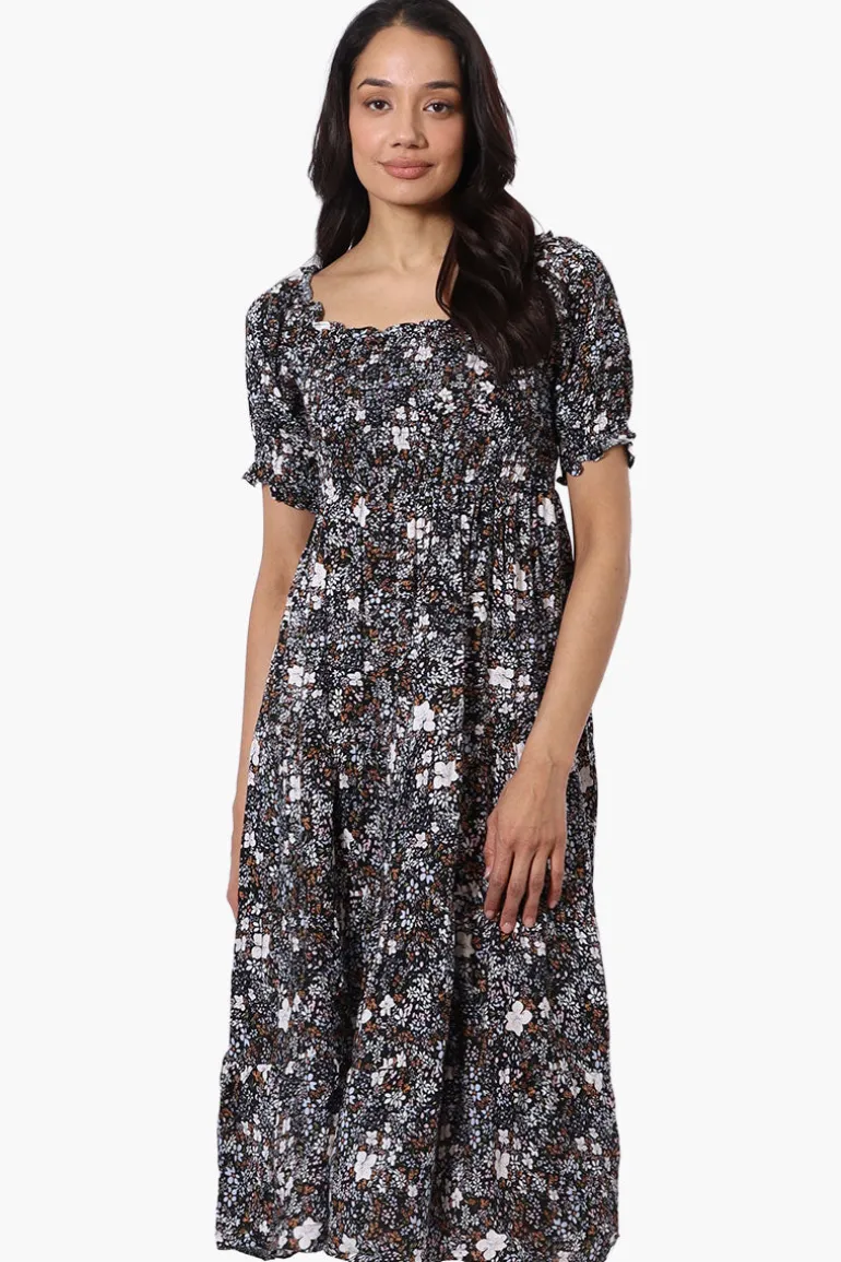 Beechers Brook Floral Smocked Square Neck Maxi Dress - Black