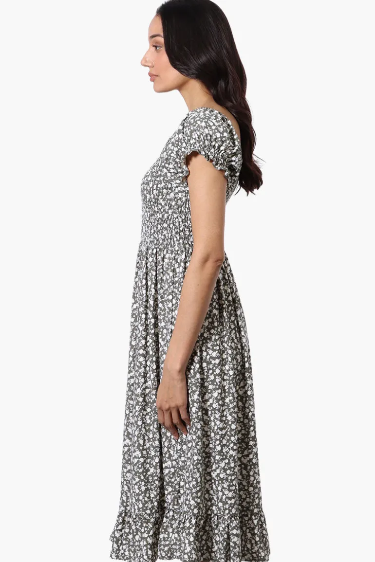Beechers Brook Floral Smocked Tiered Day Dress - Olive