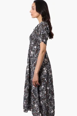 Beechers Brook Floral Smocked Square Neck Maxi Dress - Black