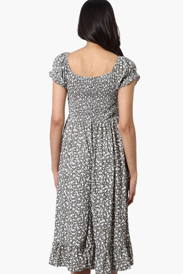 Beechers Brook Floral Smocked Tiered Day Dress - Olive