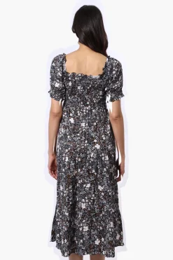 Beechers Brook Floral Smocked Square Neck Maxi Dress - Black